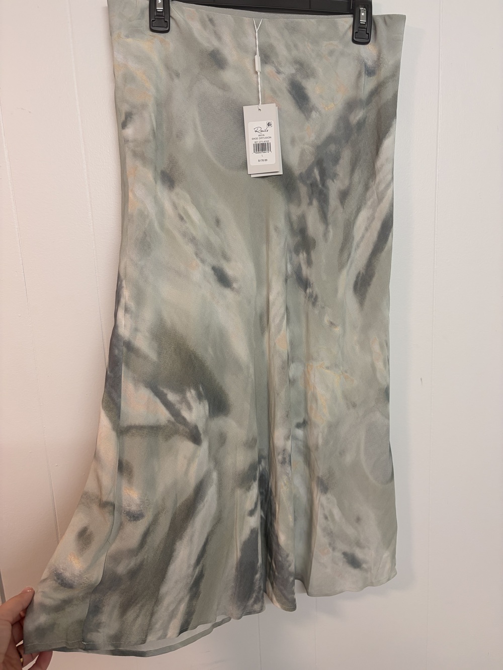 Rails Anya Midi Skirt Women's Sage Diffusion Satin Tie Dye Size L NWT